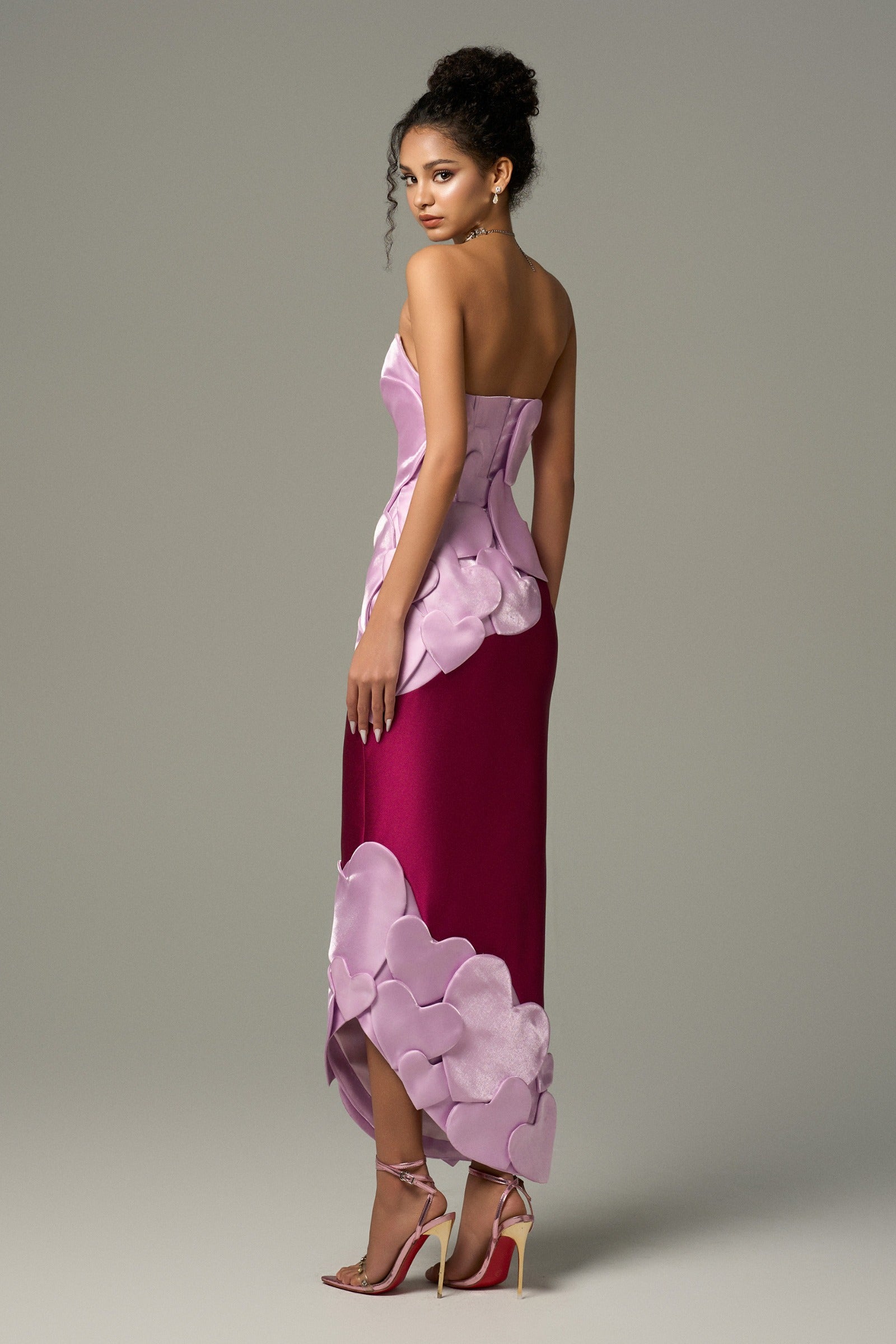 Darling Color Mix Taffeta Asymmetric Heart Detail Maxi Dress