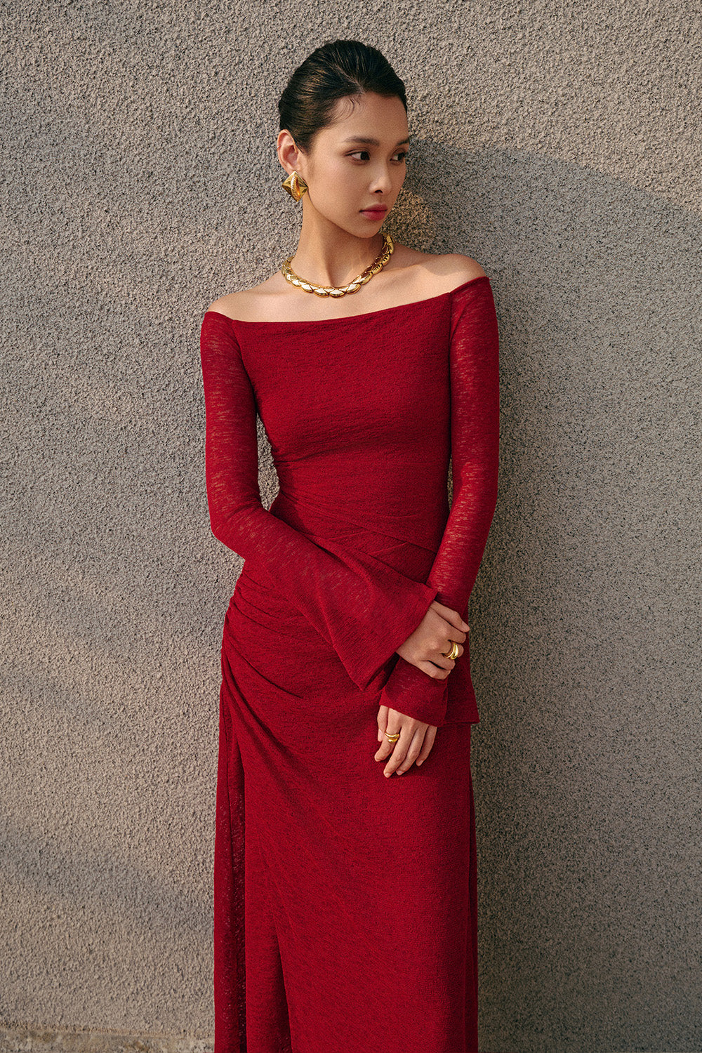 Blossom A-line Off-Shoulder Spandex Midi Dress