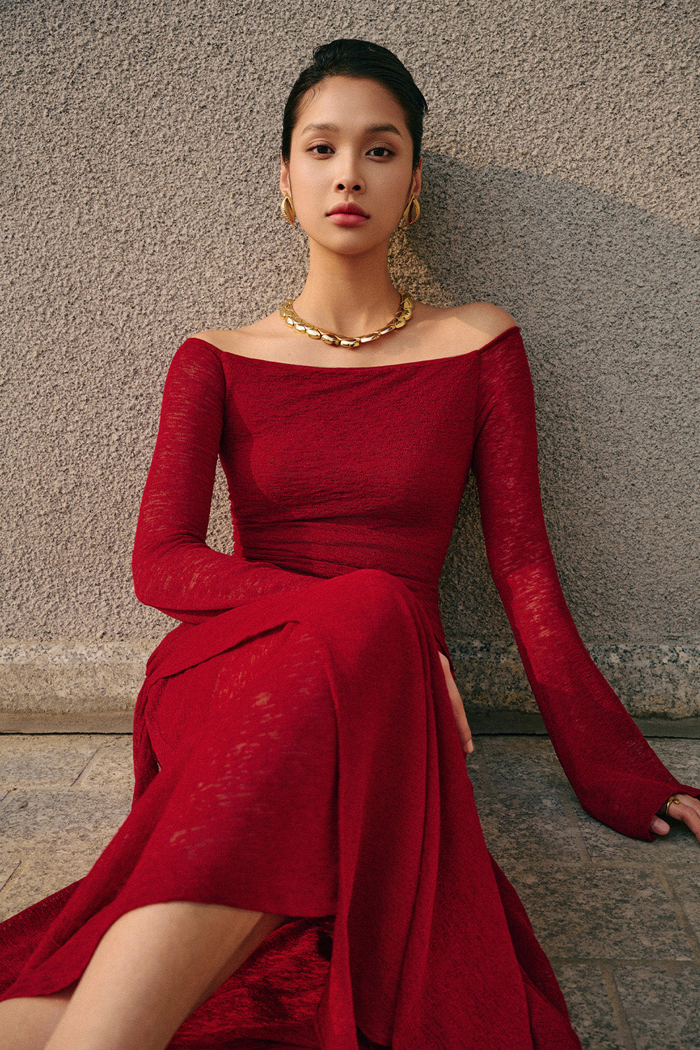 Blossom A-line Off-Shoulder Spandex Midi Dress