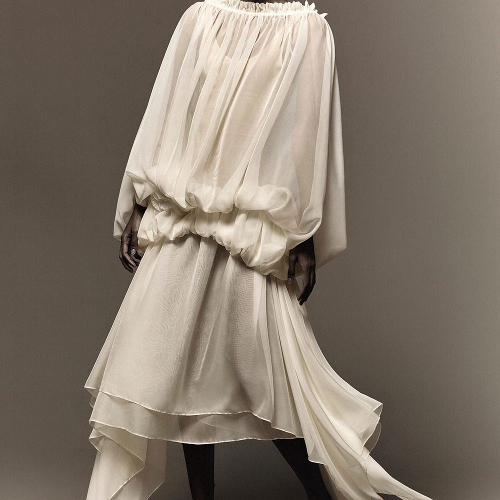 Felicia Blouson Boat Neck Organza Voile Midi Dress