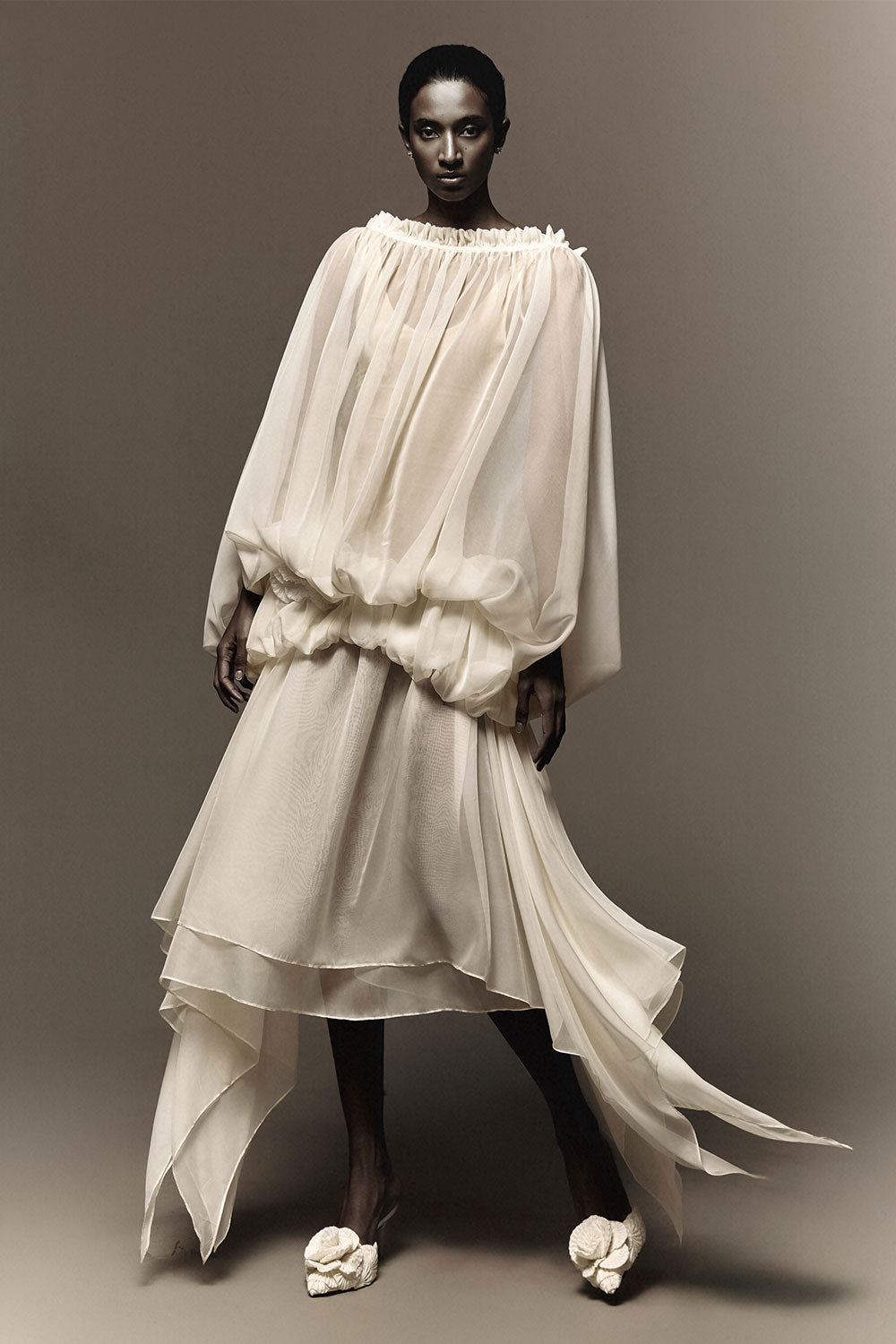 midi blouson dress Women's Felicia Blouson Boat Neck Organza Voile Midi Dress XS/S/M/L/Customize Beige MEAN BLVD Beige / L