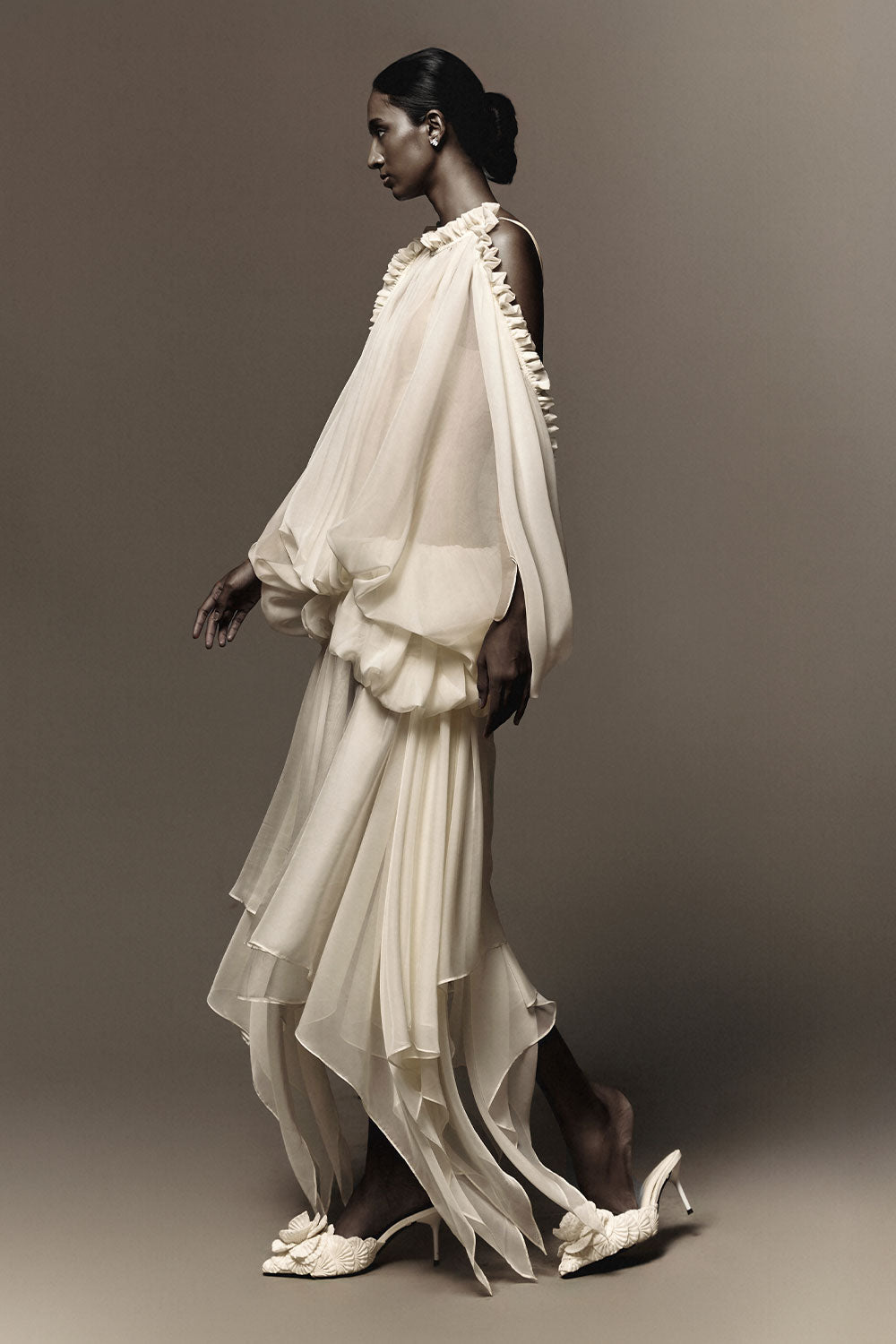 Felicia Blouson Boat Neck Organza Voile Midi Dress
