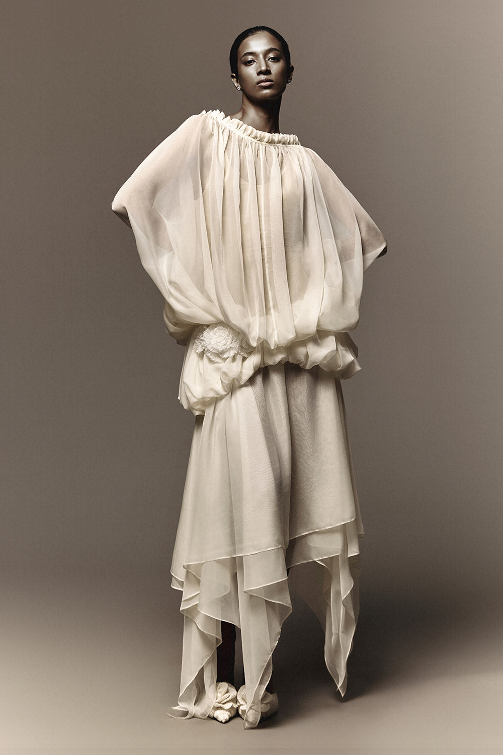 Felicia Blouson Boat Neck Organza Voile Midi Dress