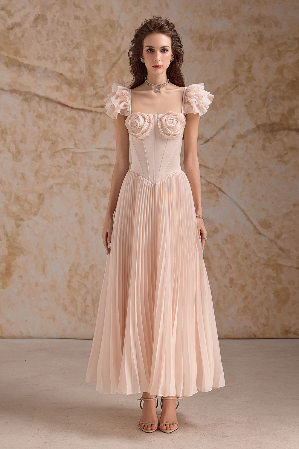 Héliara A-line Flutter Sleeved Organza Satin Maxi Dress