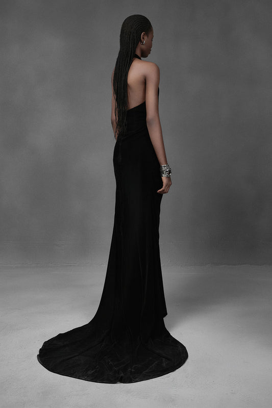 Shark Mermaid Plunge Neck Velvet Floor Length Dress