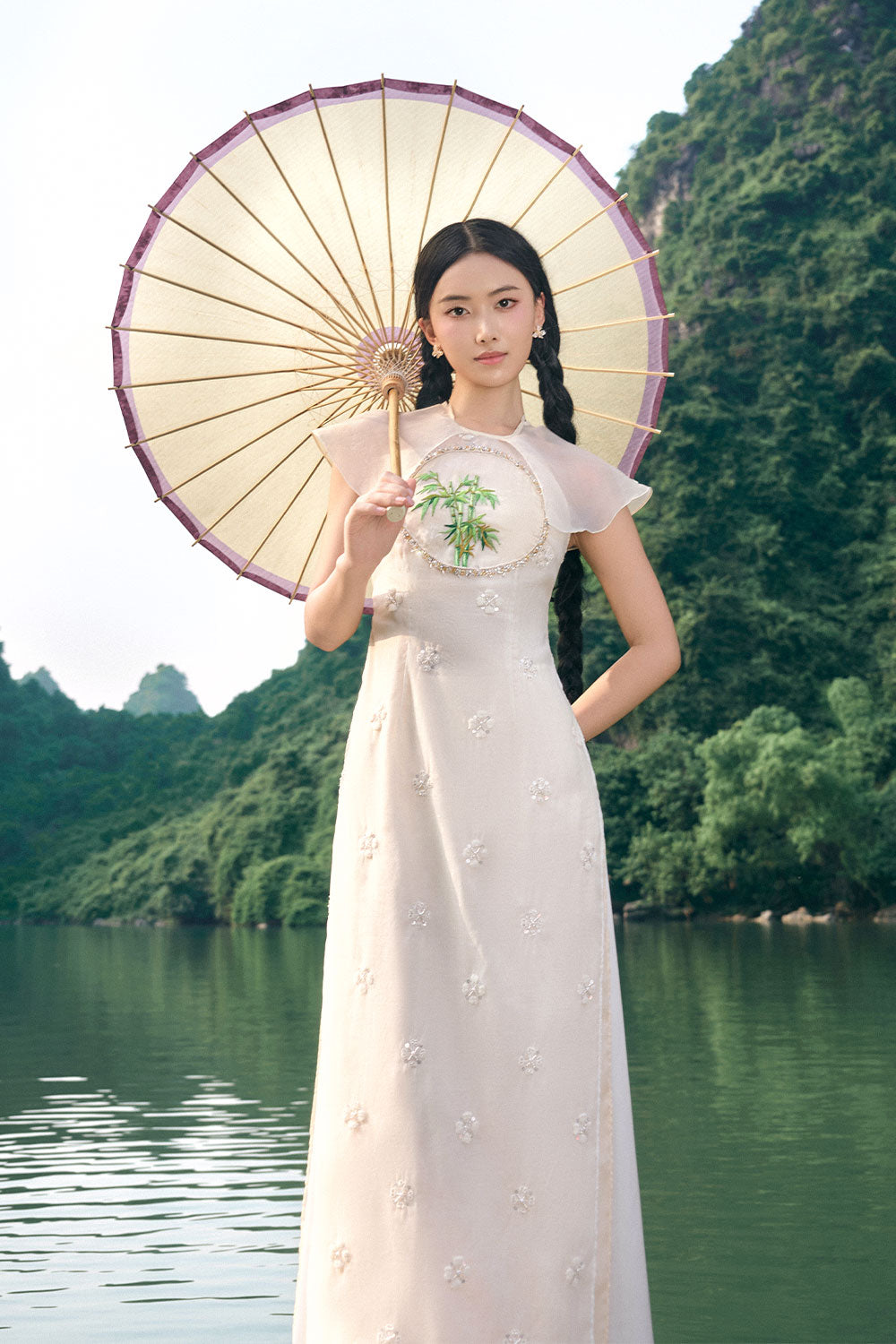 Truc Diep A-line Back Zipper Silk Organza Floor Length Ao Dai Set