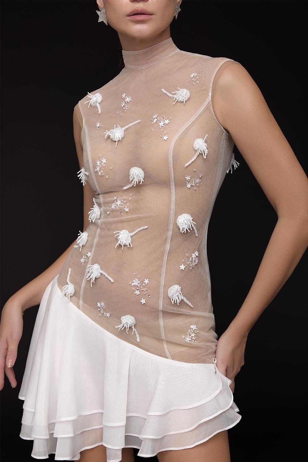 White Cherry Drop Waist High Neck Mesh Mini Dress