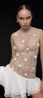 White Cherry Drop Waist High Neck Mesh Mini Dress