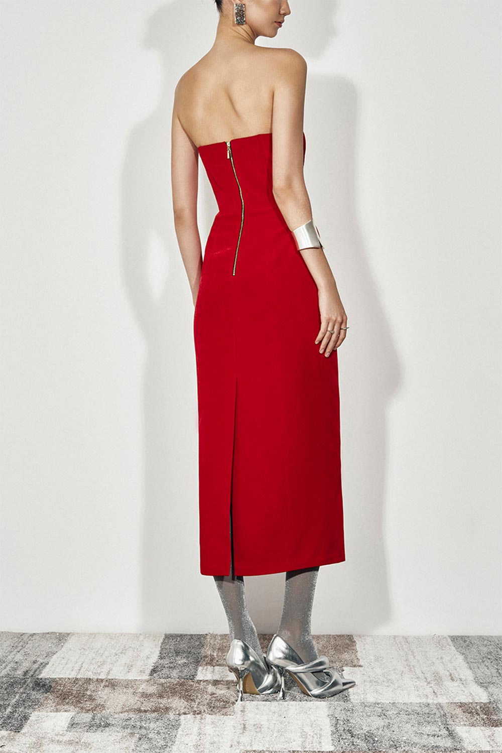 Edana Sheath Open Shoulder Velvet Midi Dress