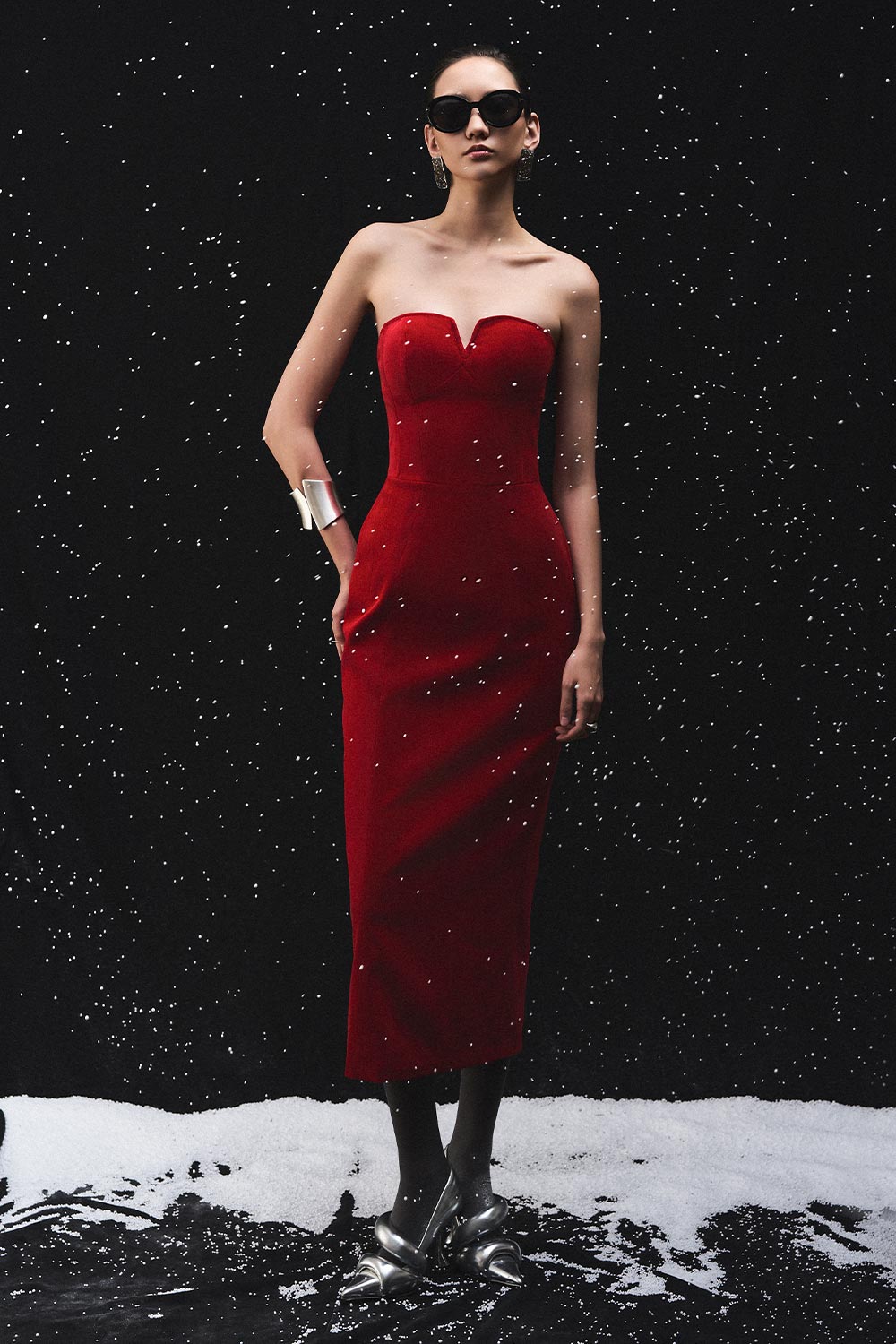 Edana Sheath Open Shoulder Velvet Midi Dress