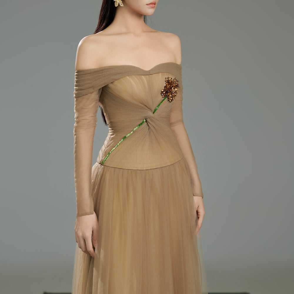 Rodrigo Gathered Stone Polyester Floor Length Dress