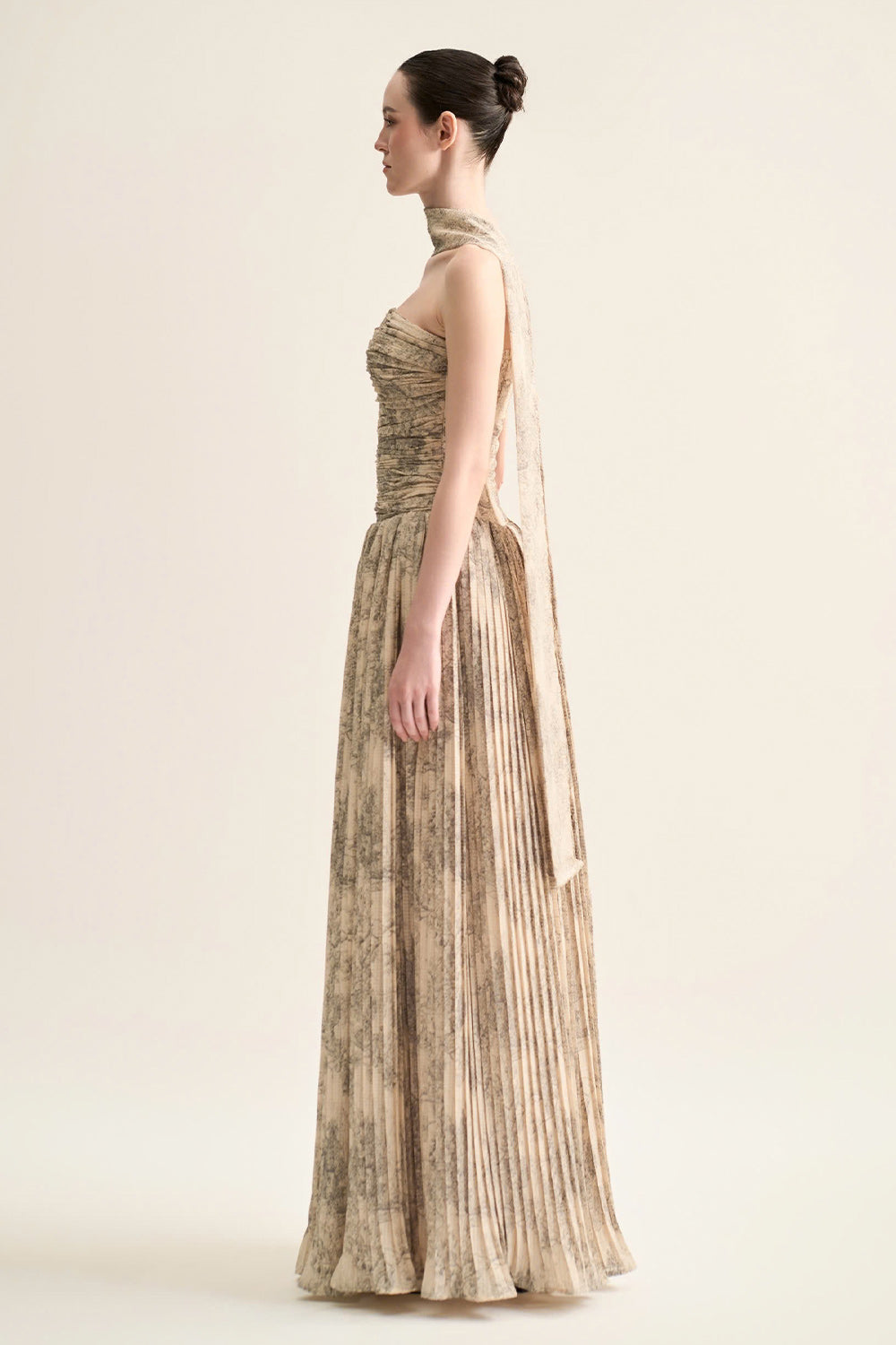 Cascade Gathered Open Shoulder Polyester Floor Length Dress