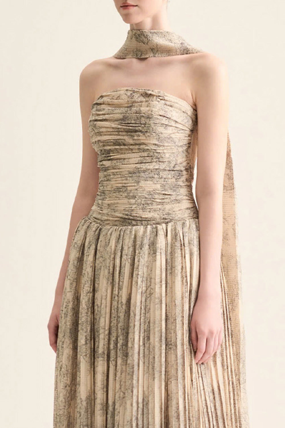 Cascade Gathered Open Shoulder Polyester Floor Length Dress