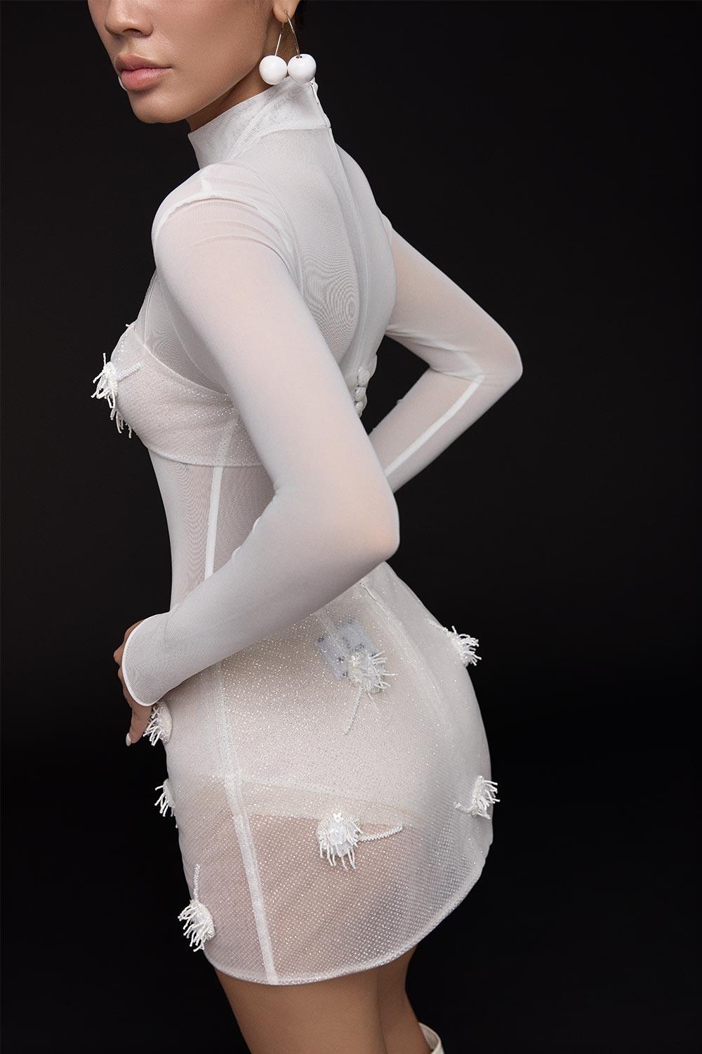 White Cherry Bodycon Flower Applique Mesh Mini Set