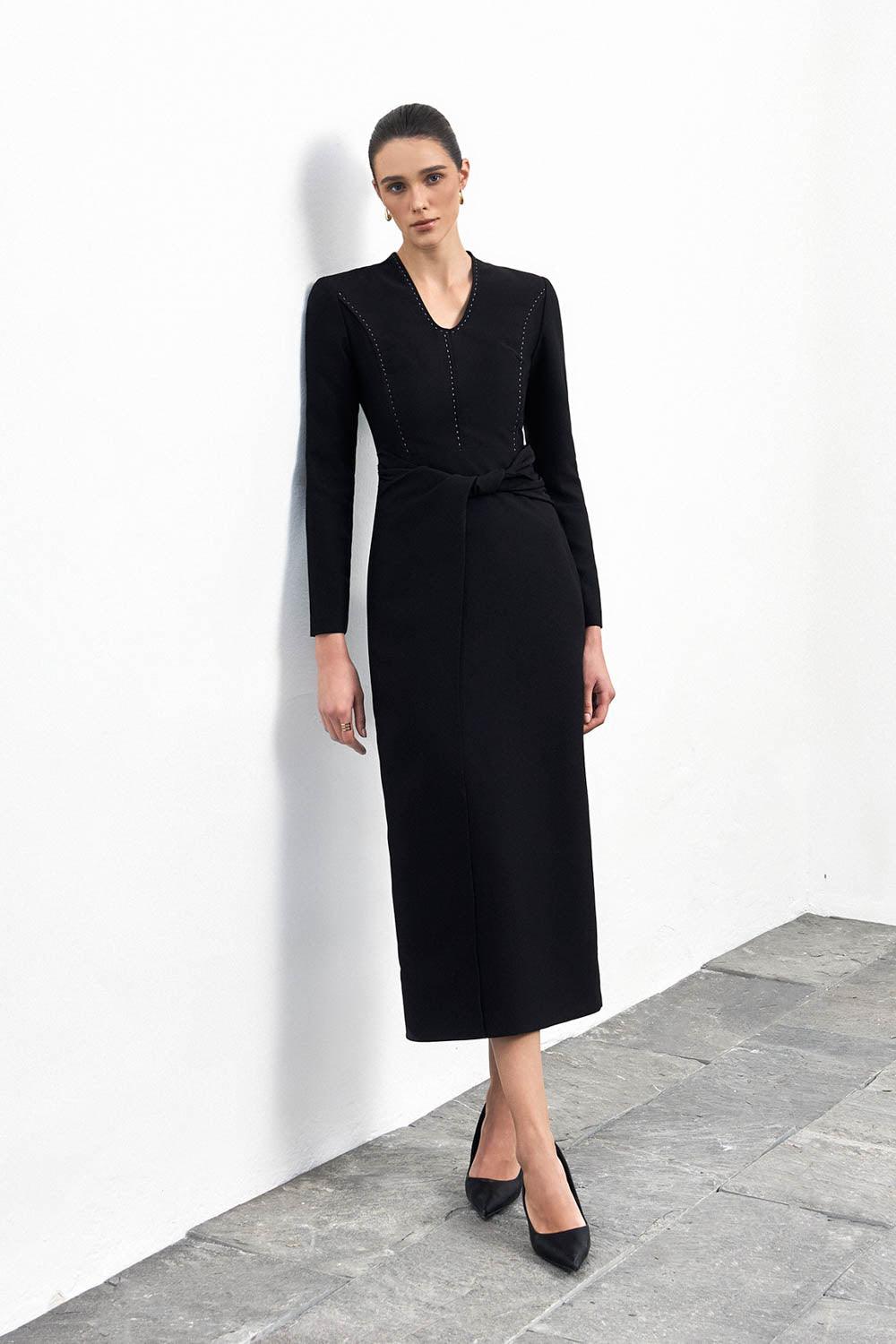 cotton blend midi dress Women's Aella Sheath Twisted Cotton Blend Midi Dress S/M/L/XL/Customize Black/White MEAN BLVD Black / XL