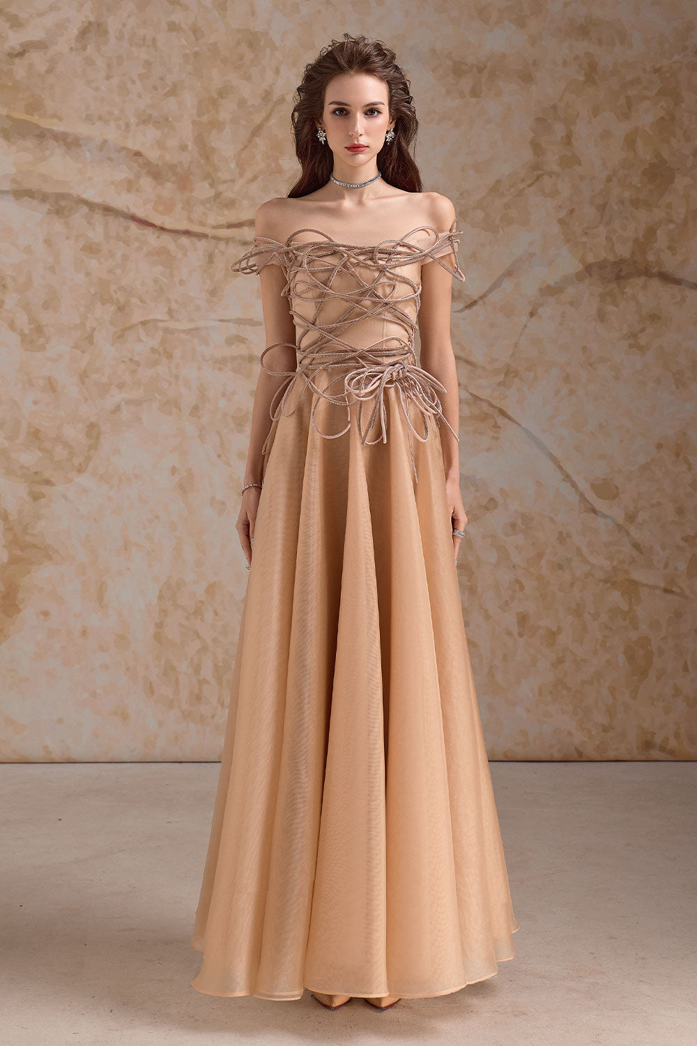 Julissa A-line Off-Shoulder Mesh Floor Length Dress