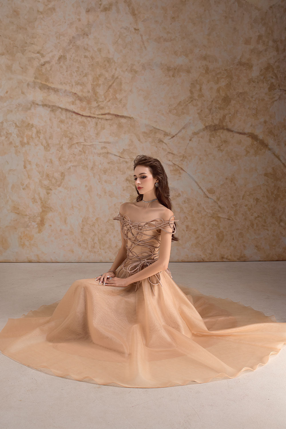 Julissa A-line Off-Shoulder Mesh Floor Length Dress