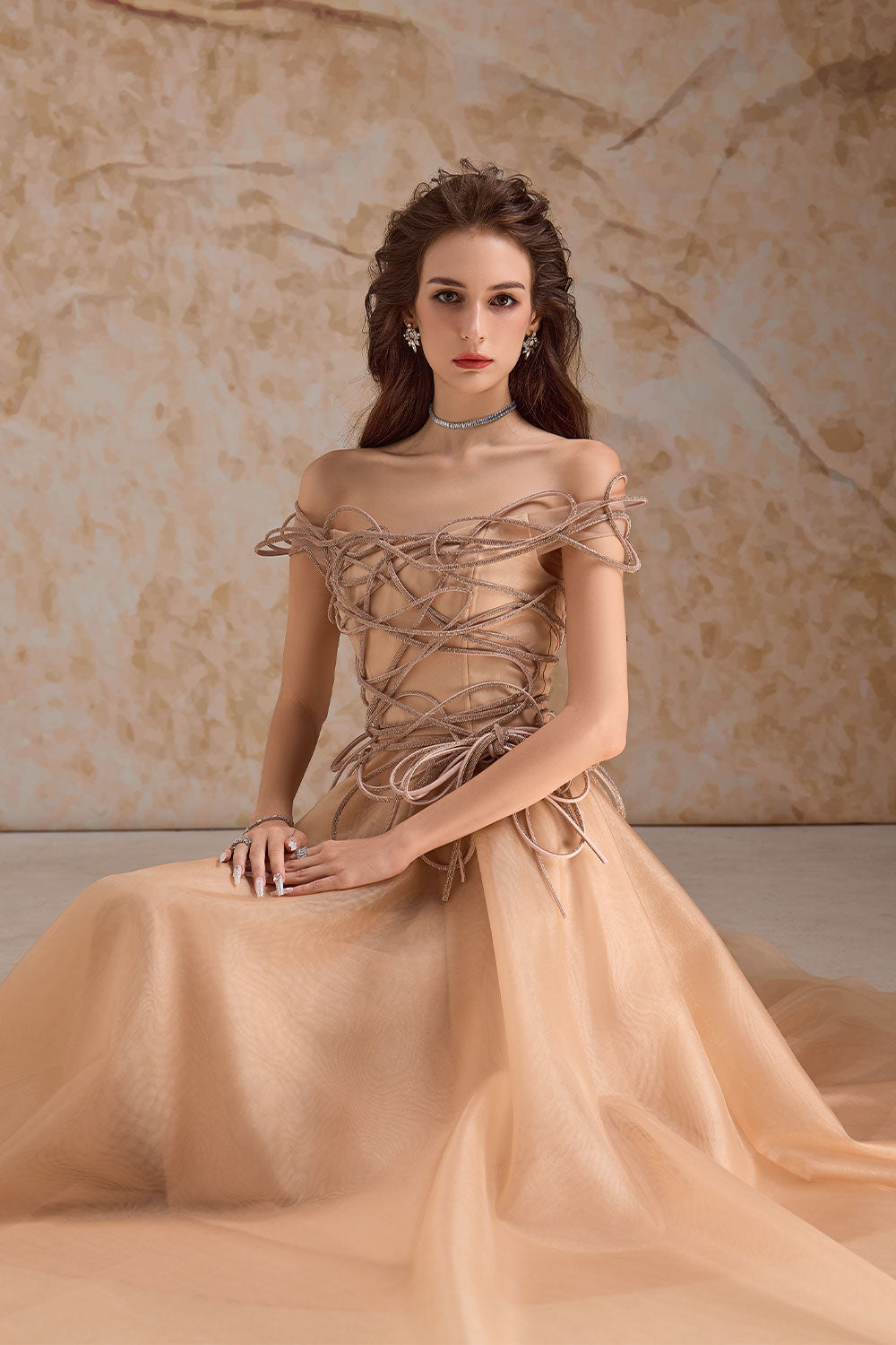 Julissa A-line Off-Shoulder Mesh Floor Length Dress