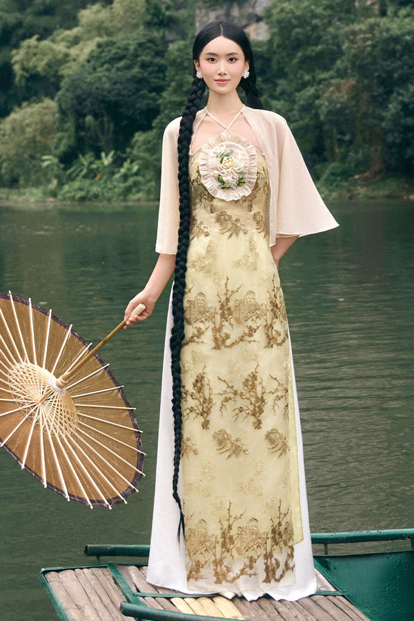 Tuong Cuc A-line Cape Sleeved Silk Organza Floor Length Ao Dai