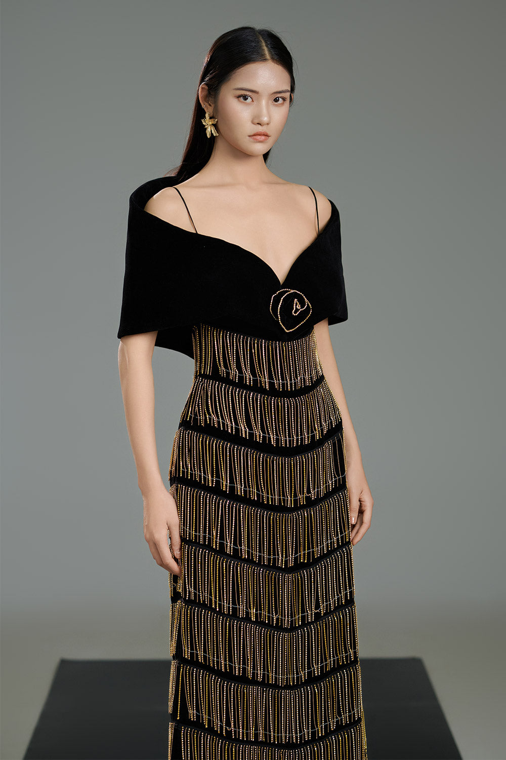 green emerald velvet dress Women's Milena A-Line Stone Polyester Floor Length Dress XXS/XS/S/M/L/XL/XXL/3XL/Customize Black Gold Mean Blvd Black Gold / XXL