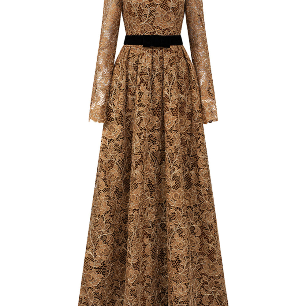 Finley A-line Box Pleated Lace Floor Length Dress