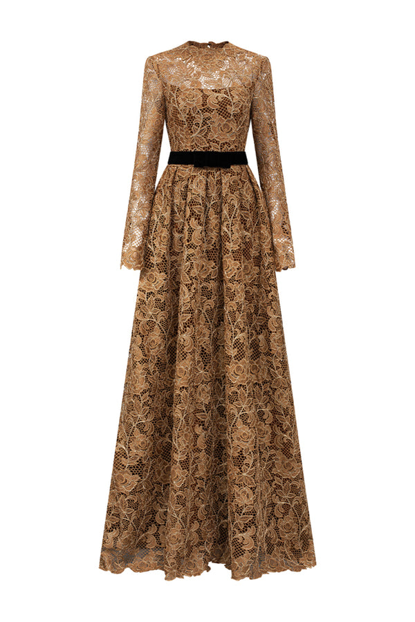 Finley A-line Box Pleated Lace Floor Length Dress