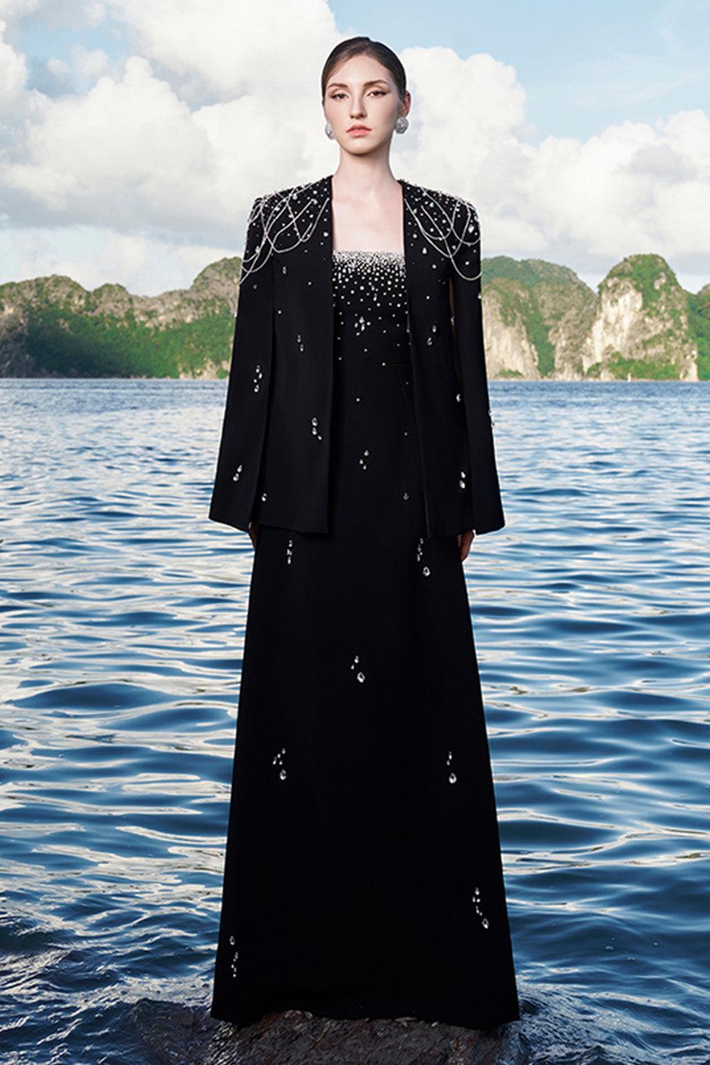 Ermias Straight Lapelless Velvet Satin Cape