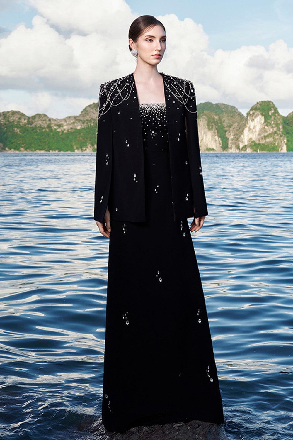 Ermias Straight Lapelless Velvet Satin Cape