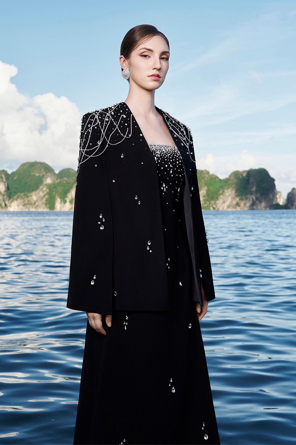 Ermias Straight Lapelless Velvet Satin Cape