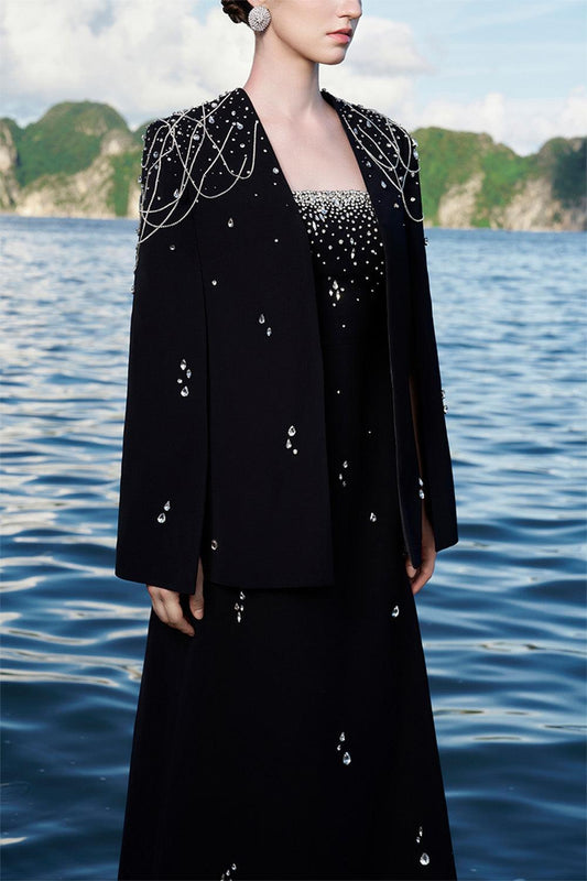 Ermias Straight Lapelless Velvet Satin Cape