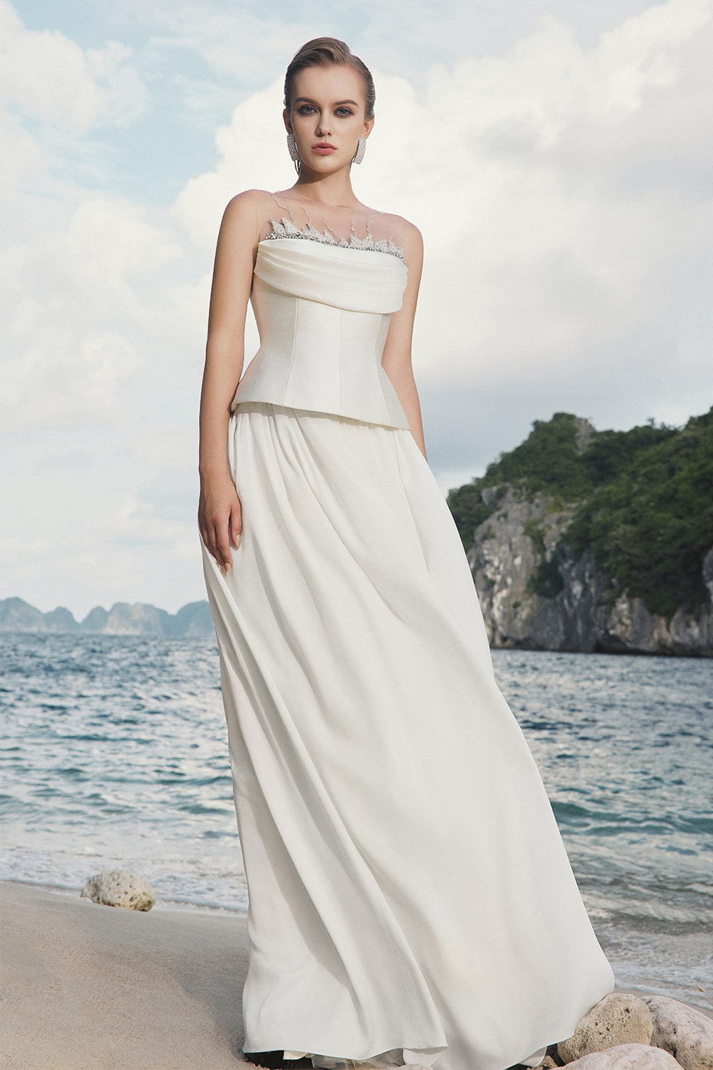 Arlette Gathered Illusion Neck Silk Taffeta Floor Length Set