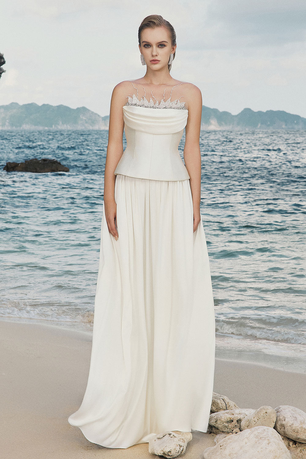 Arlette Gathered Illusion Neck Silk Taffeta Floor Length Set