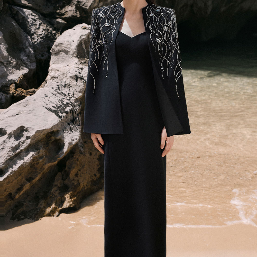 Yara Cape Semi-Heart Neck Velvet Satin Floor Length Set