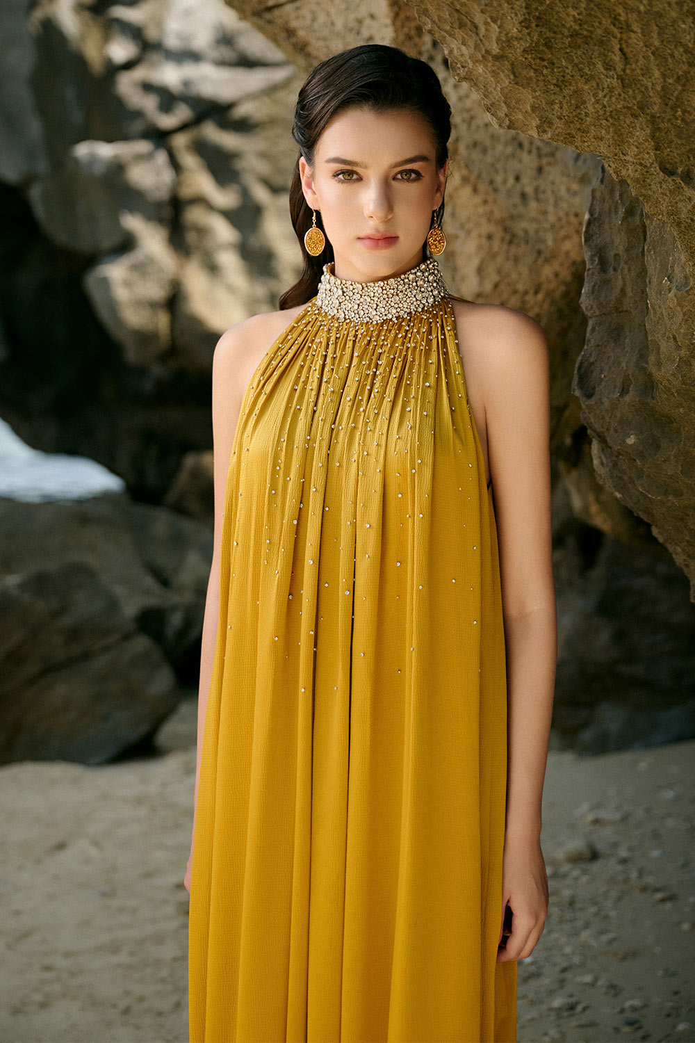 Catalina Straight High Neck Silk Floor Length Dress