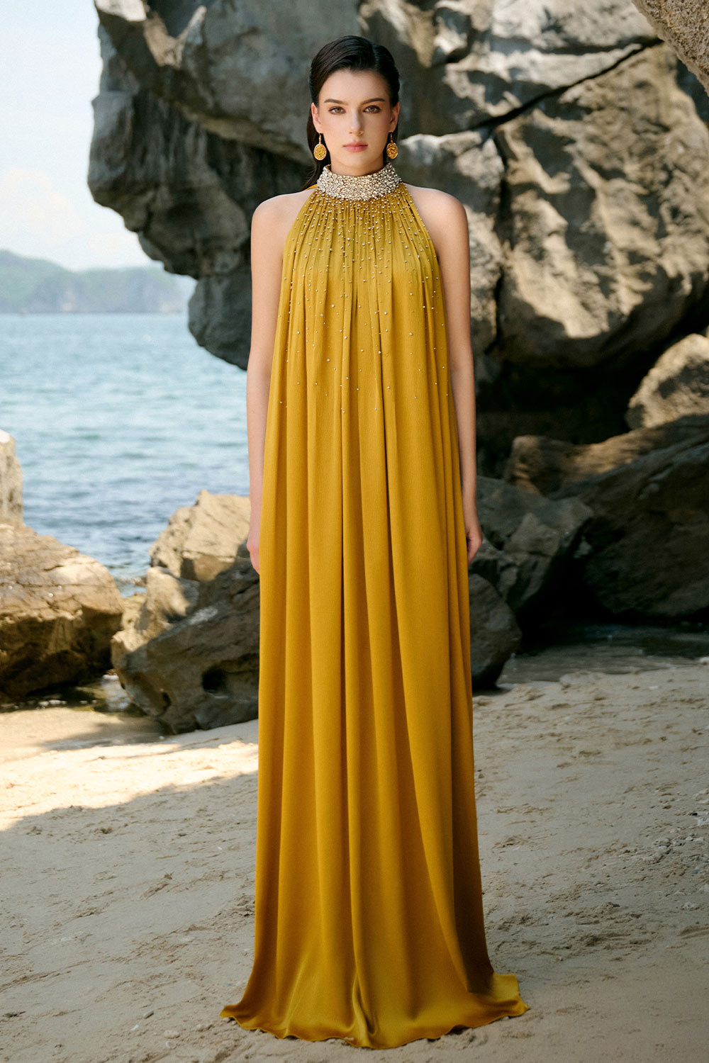 yellow high neck dress Women's Catalina Straight High Neck Silk Floor Length Dress XS/S/M/L/XL/XXL/Customize/Yellow/MEAN BLVD Yellow / S