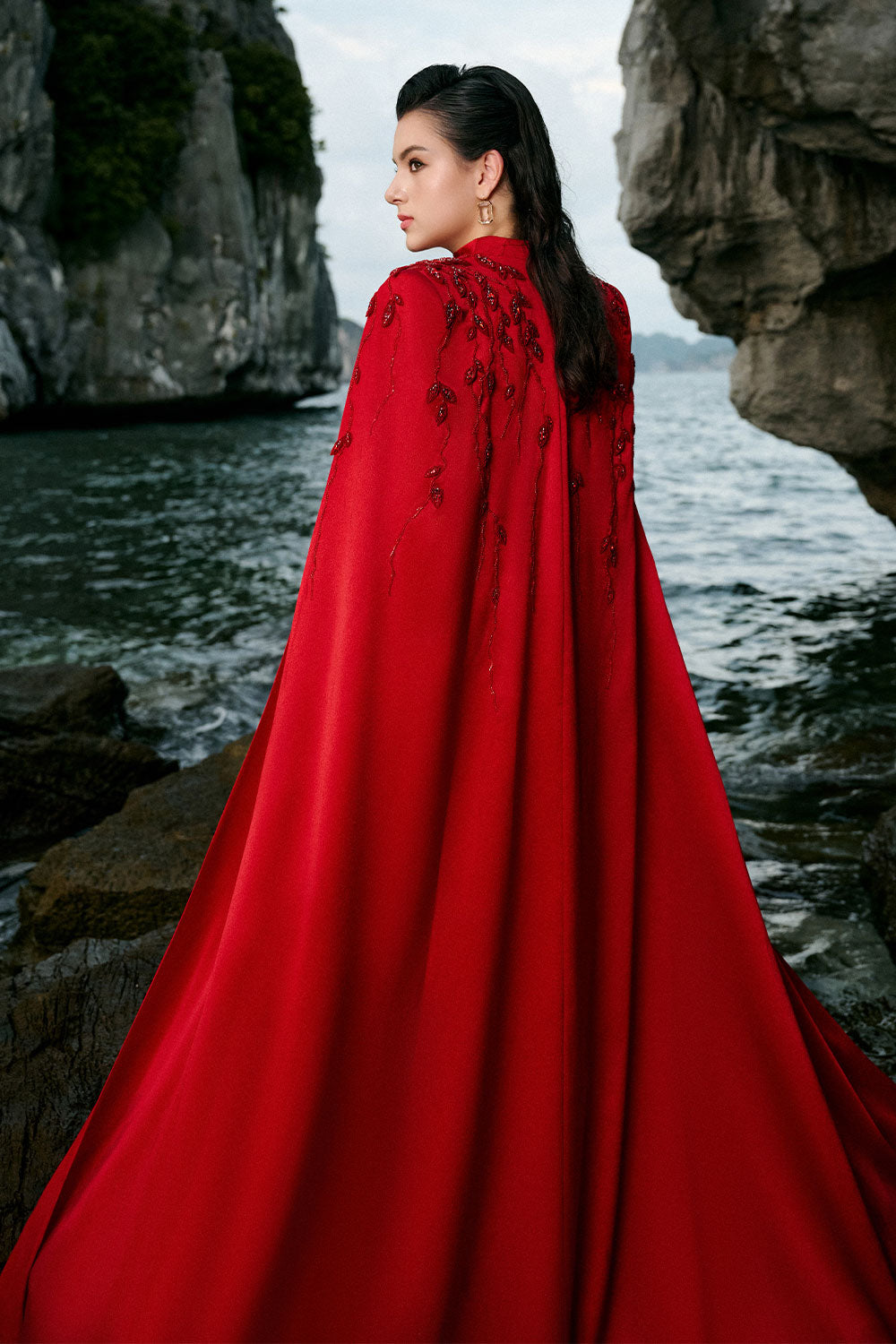 Anya Cape Plunge Neck Duchess Satin Extra Long Length Set