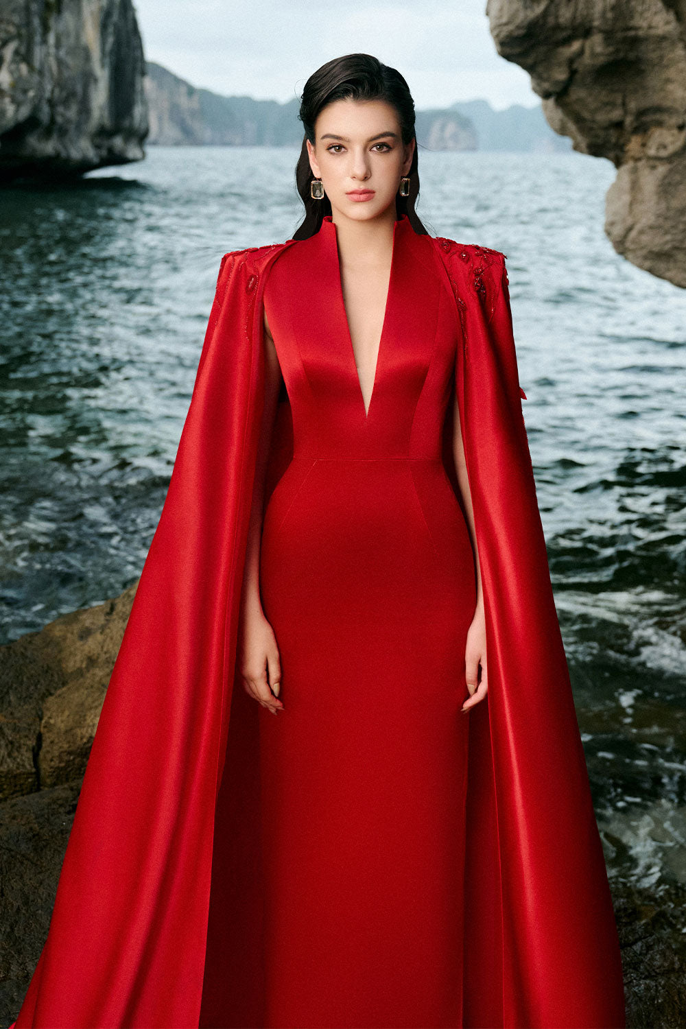 Anya Cape Plunge Neck Duchess Satin Extra Long Length Set