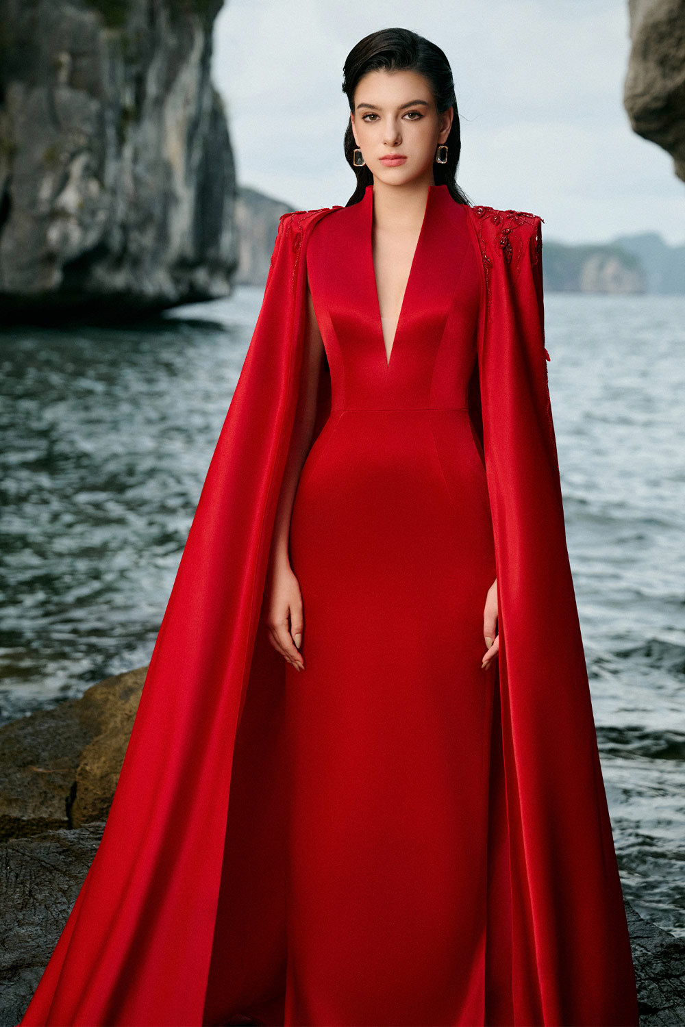 Anya Cape Plunge Neck Duchess Satin Extra Long Length Set