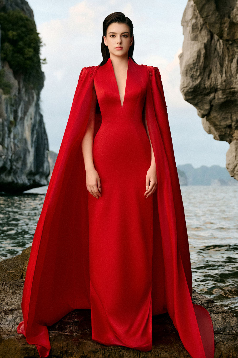 Anya Cape Plunge Neck Duchess Satin Extra Long Length Set