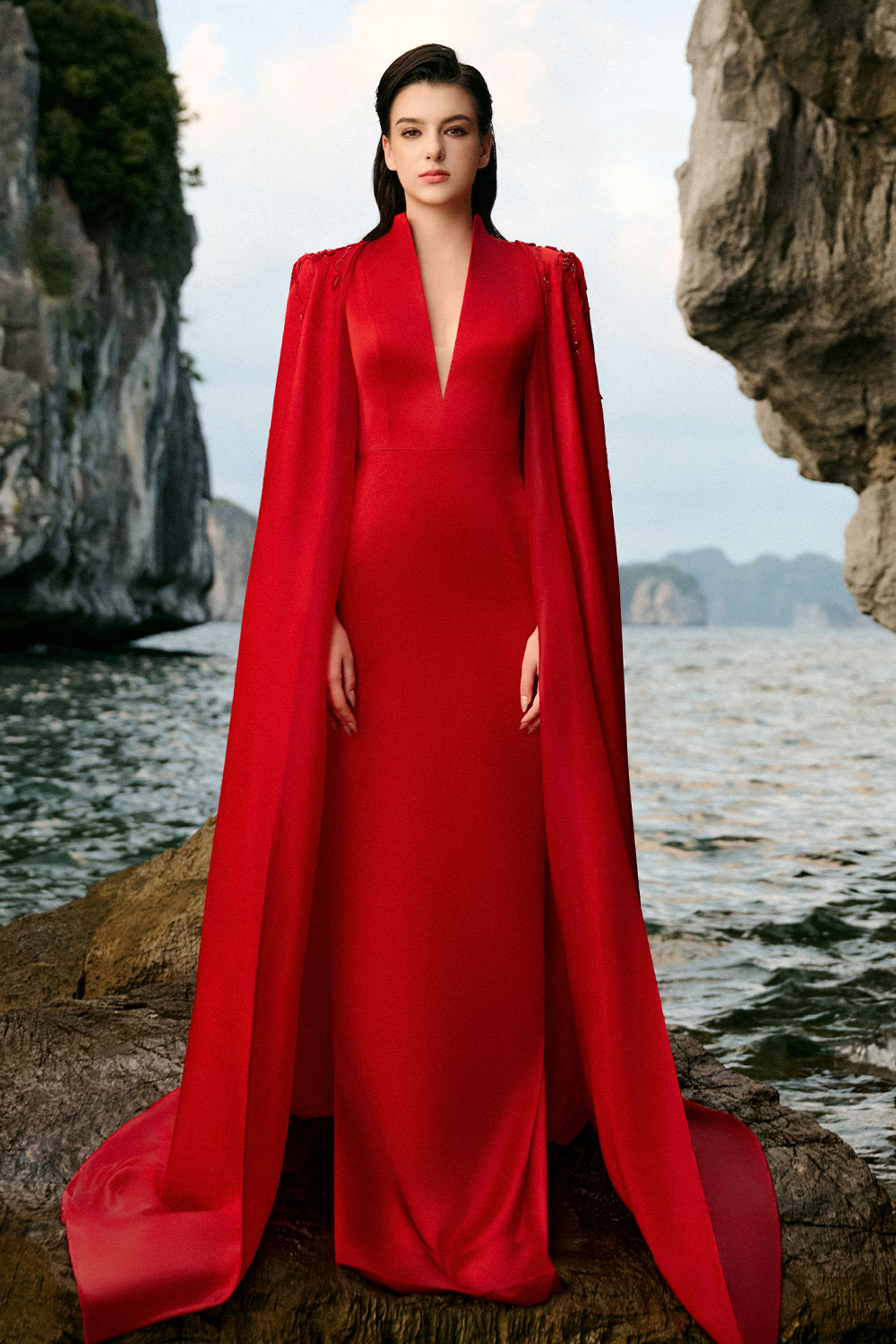 satin cape dress set Satin Cape Gown With Dramatic Bell Sleeves 42160