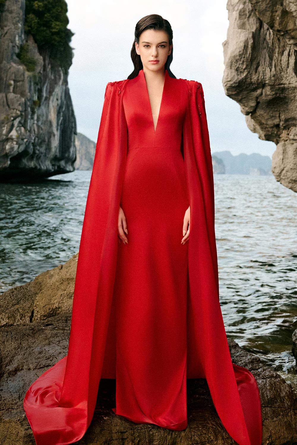 Anya Cape Plunge Neck Duchess Satin Extra Long Length Set