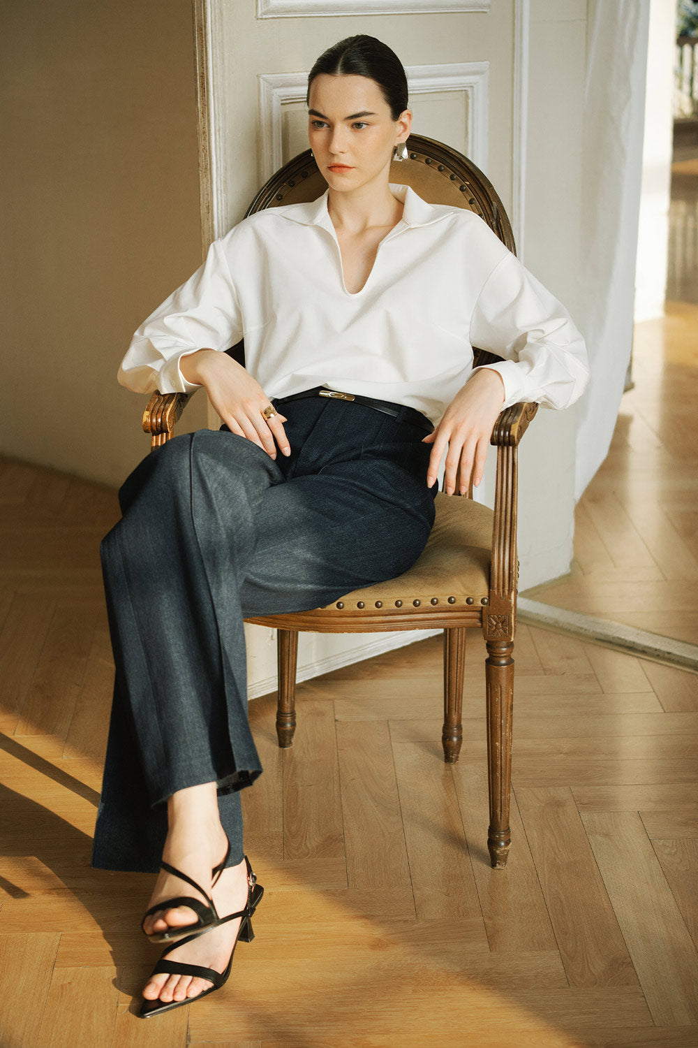 Flair Straight V-Neck Cotton Blend Top