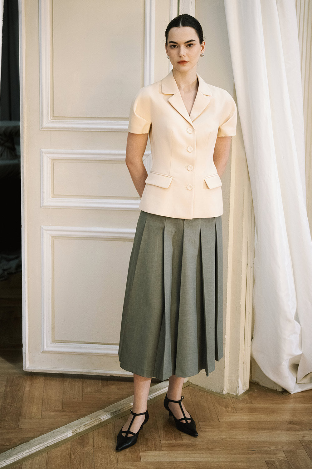 Haze A-line Knife-Pleated Wool Twill Midi Skirt