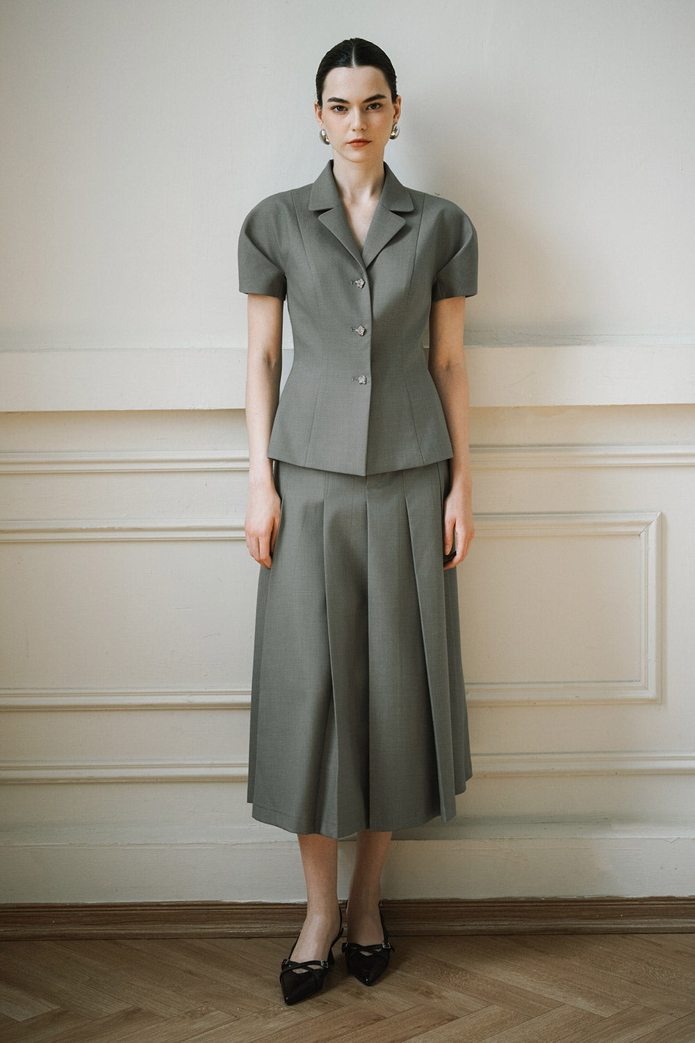 Haze A-line Knife-Pleated Wool Twill Midi Skirt