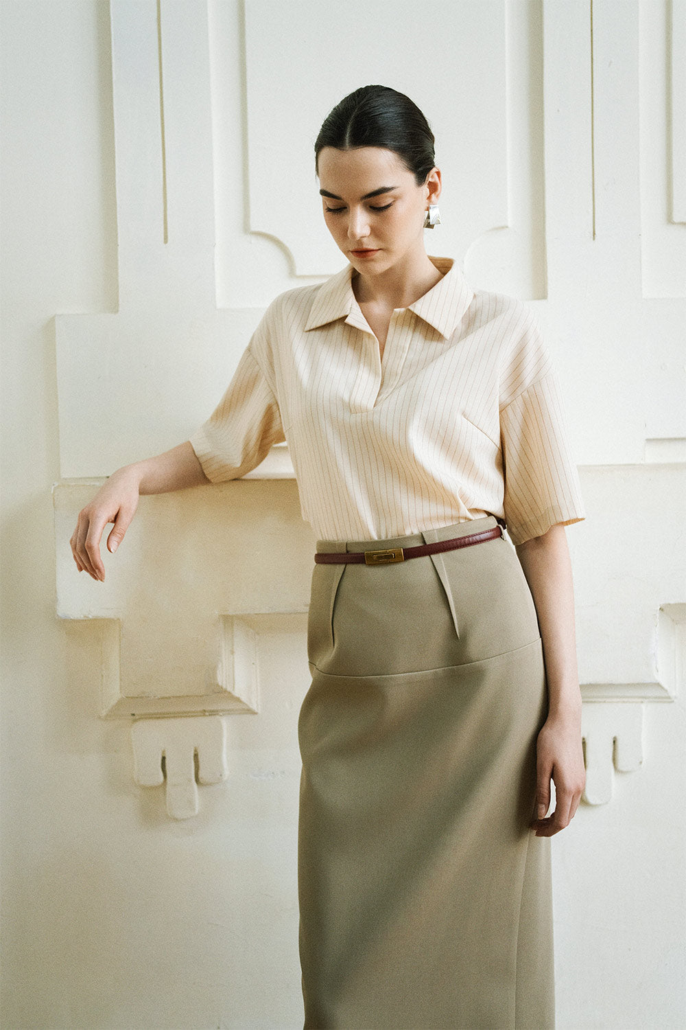 Seren Sheath Draped Twill Midi Skirt