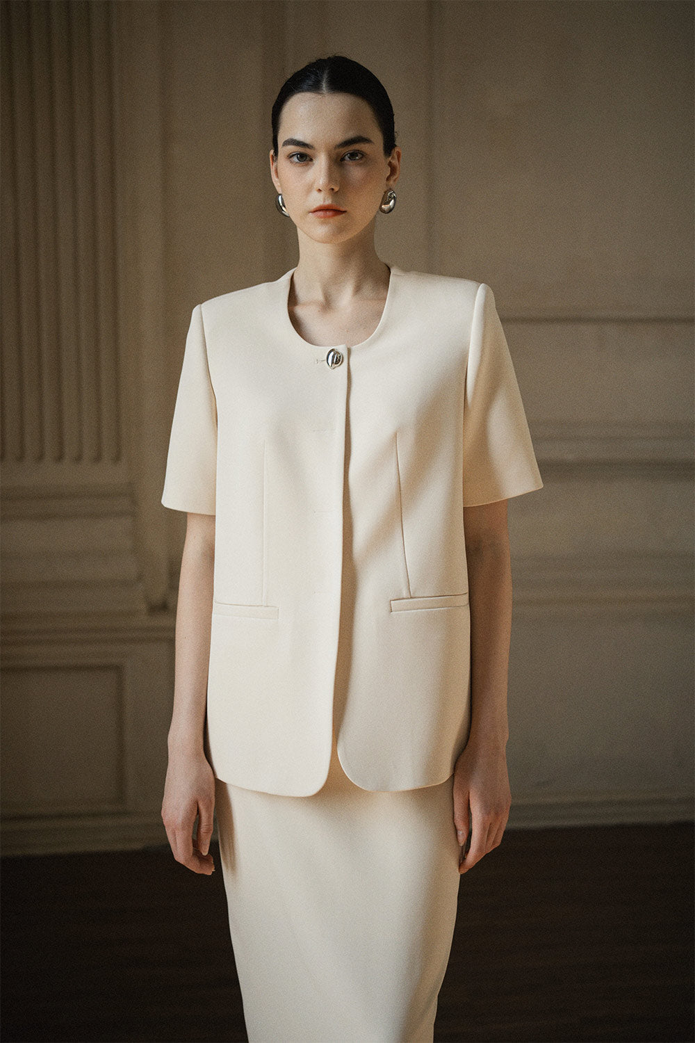 Orchis Sheath Back Slit Twill Midi Skirt