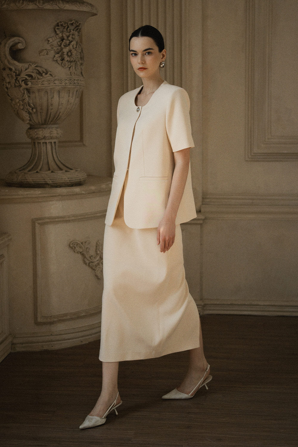 Orchis Sheath Back Slit Twill Midi Skirt