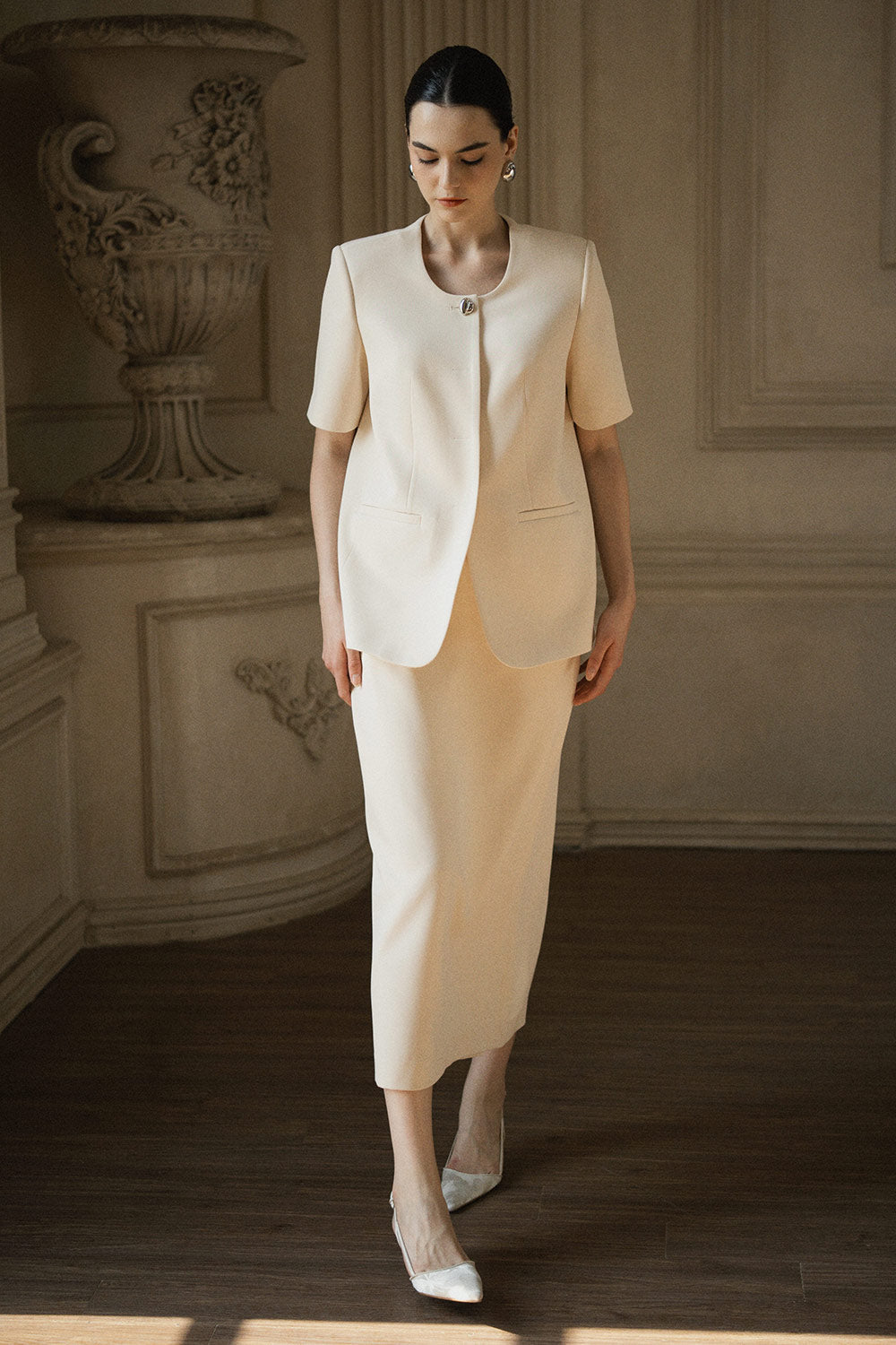 Orchis Sheath Back Slit Twill Midi Skirt