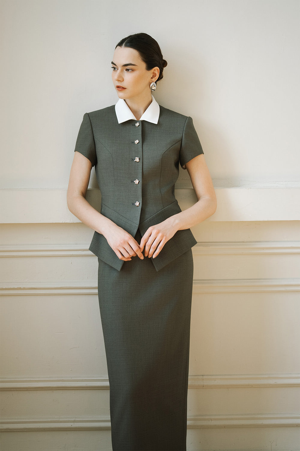 Chiara Peplum Contrasting Collar Wool Twill Blazer