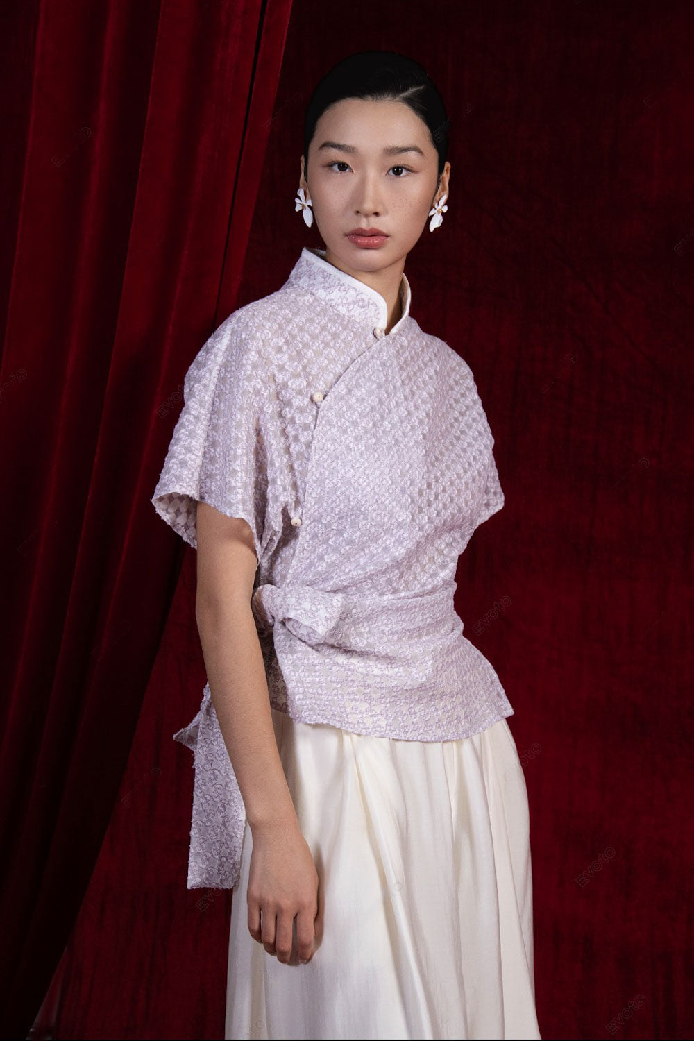Yen Vu Wrap Mandarin Neck Organza Top